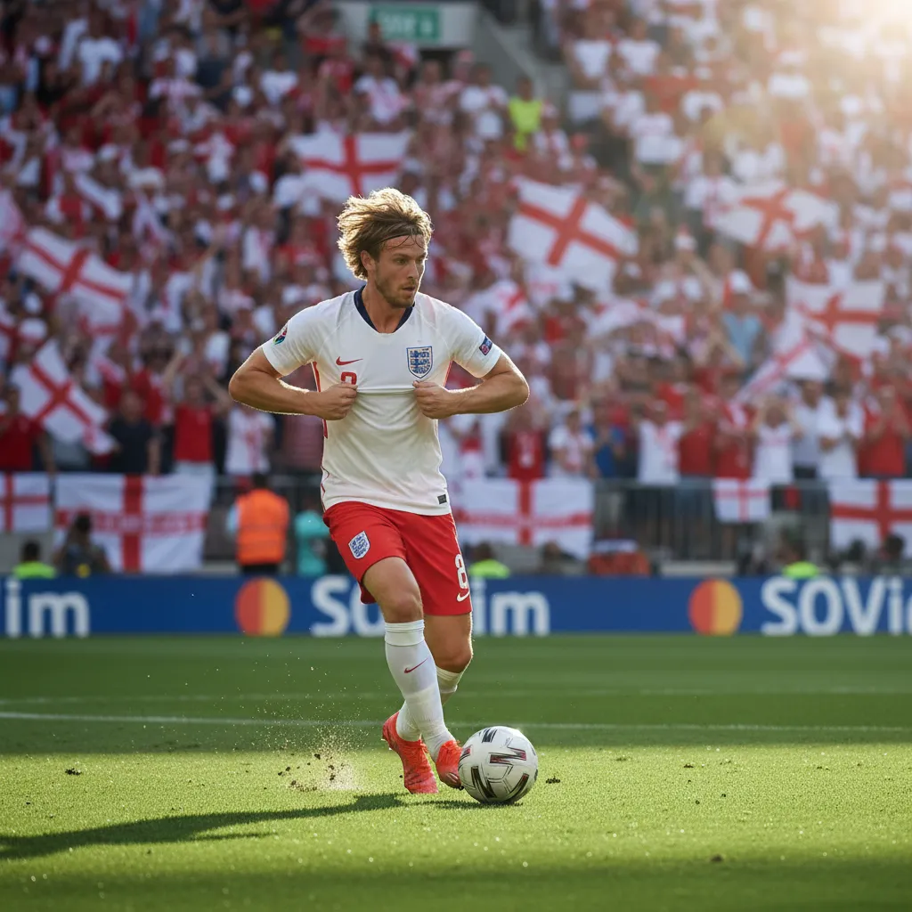 English midfielder driving forward through a sunlit stadium