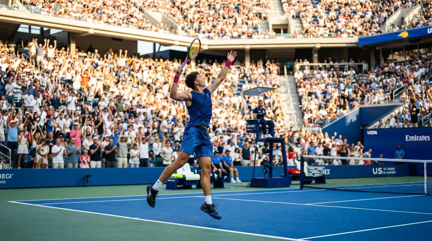 Photorealistic US Open tennis scene for Ben Shelton’s Serve Could Transform US Open Night Sessions.