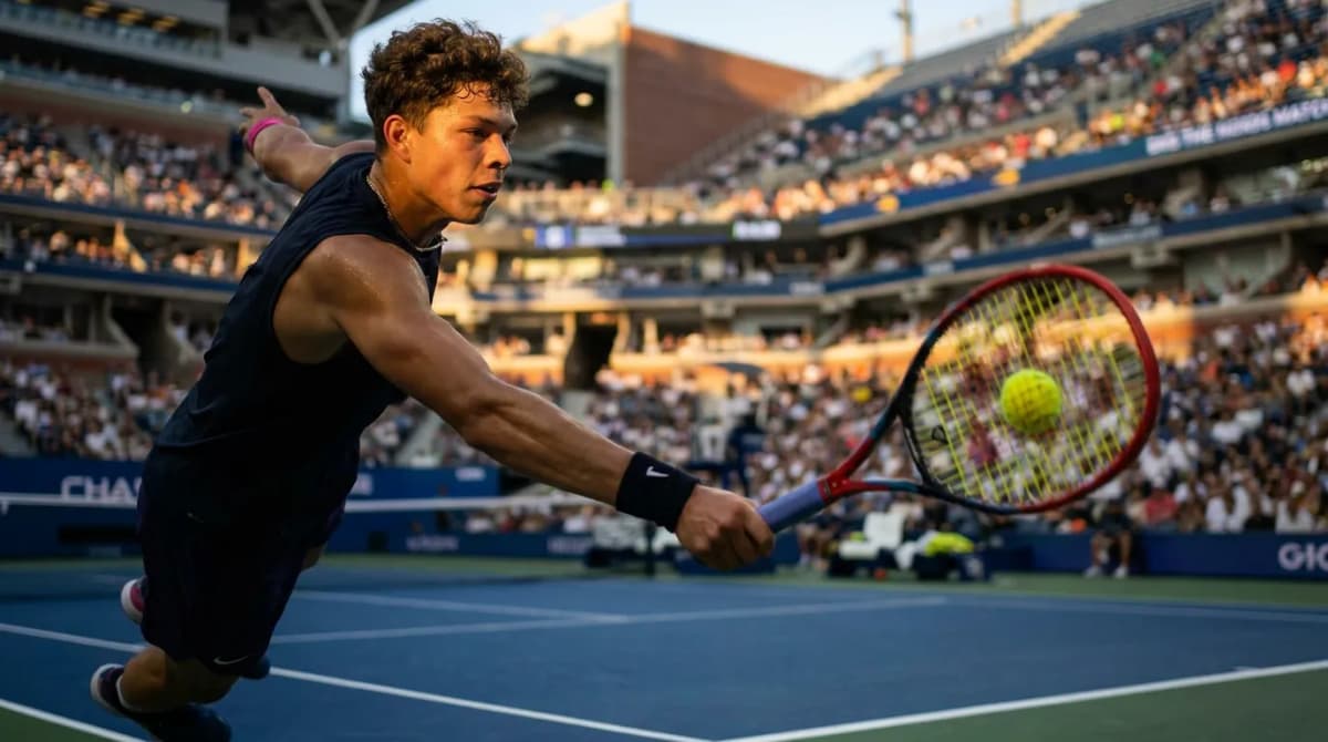 Photorealistic tennis scene illustrating Ben Shelton’s Serve Could Transform US Open Night Sessions.