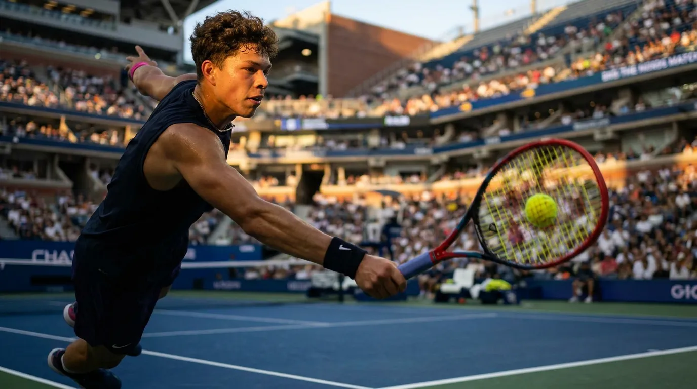 Photorealistic tennis scene illustrating Ben Shelton’s Serve Could Transform US Open Night Sessions.