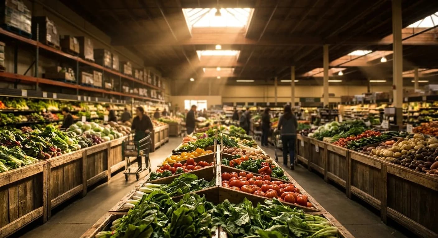 Wide produce aisle at Berkeley Bowl Marketplace showing wooden bins of fresh vegetables under bright overhead lighting