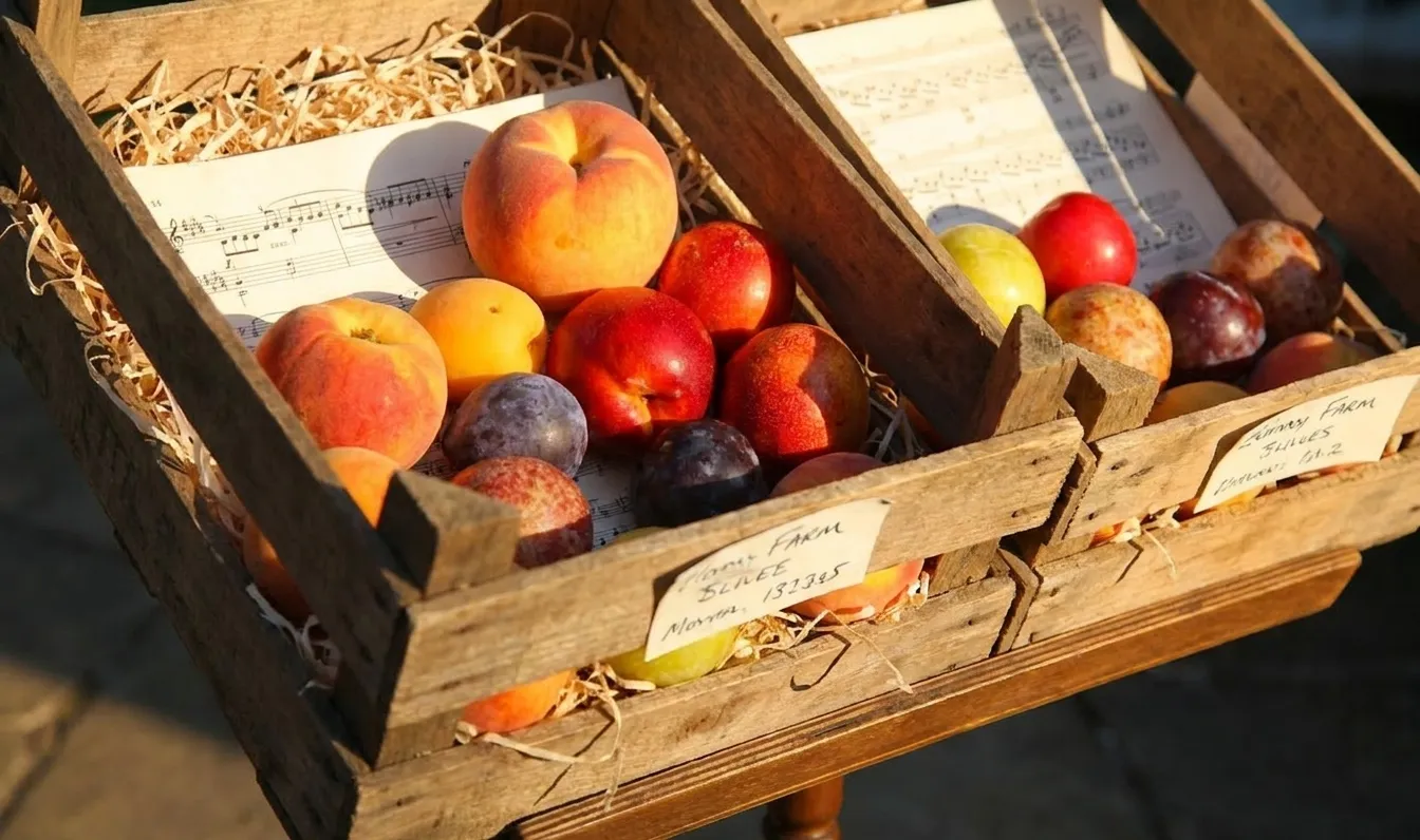 Assorted stone fruit including peaches and nectarines in wooden market crates with visible farm signage