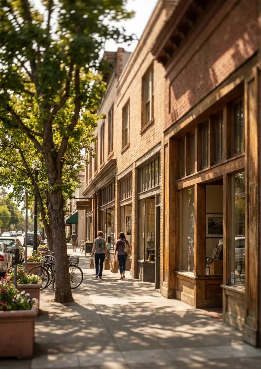 Walnut Street commercial block in North Berkeley showing pedestrian-friendly storefronts and tree-lined sidewalk