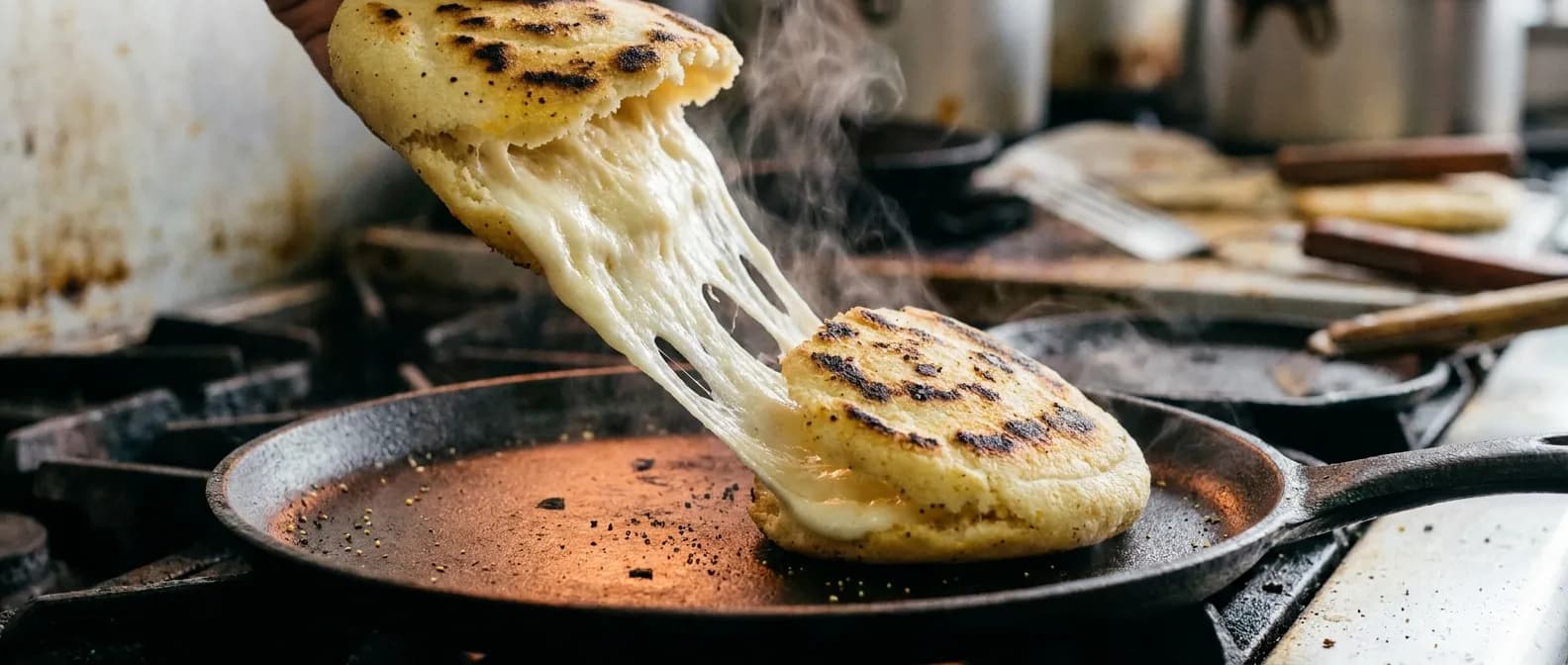 Split arepa close-up with melted cheese pull, griddle glowing in the background