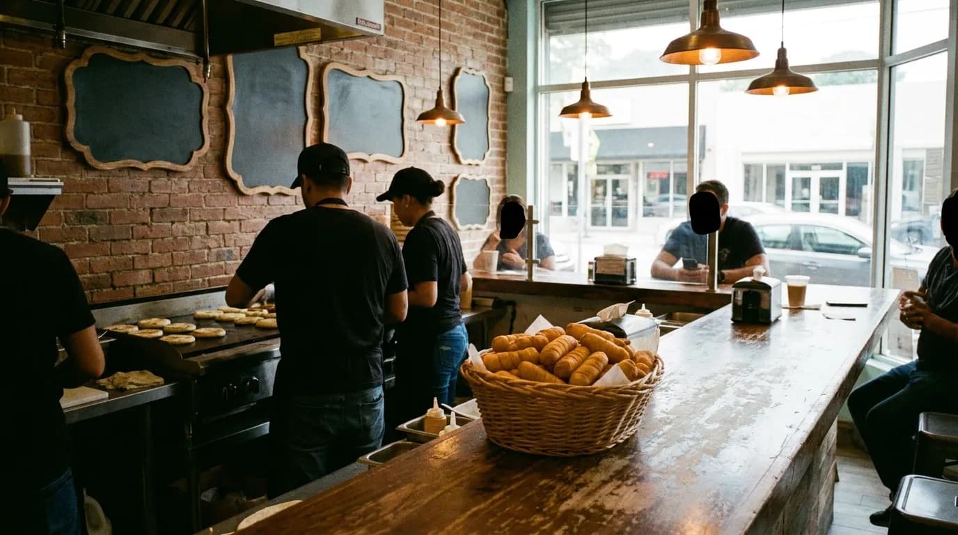 Arepa bar counter in Miami with menu board, tequenos and arepas being griddled behind the counter
