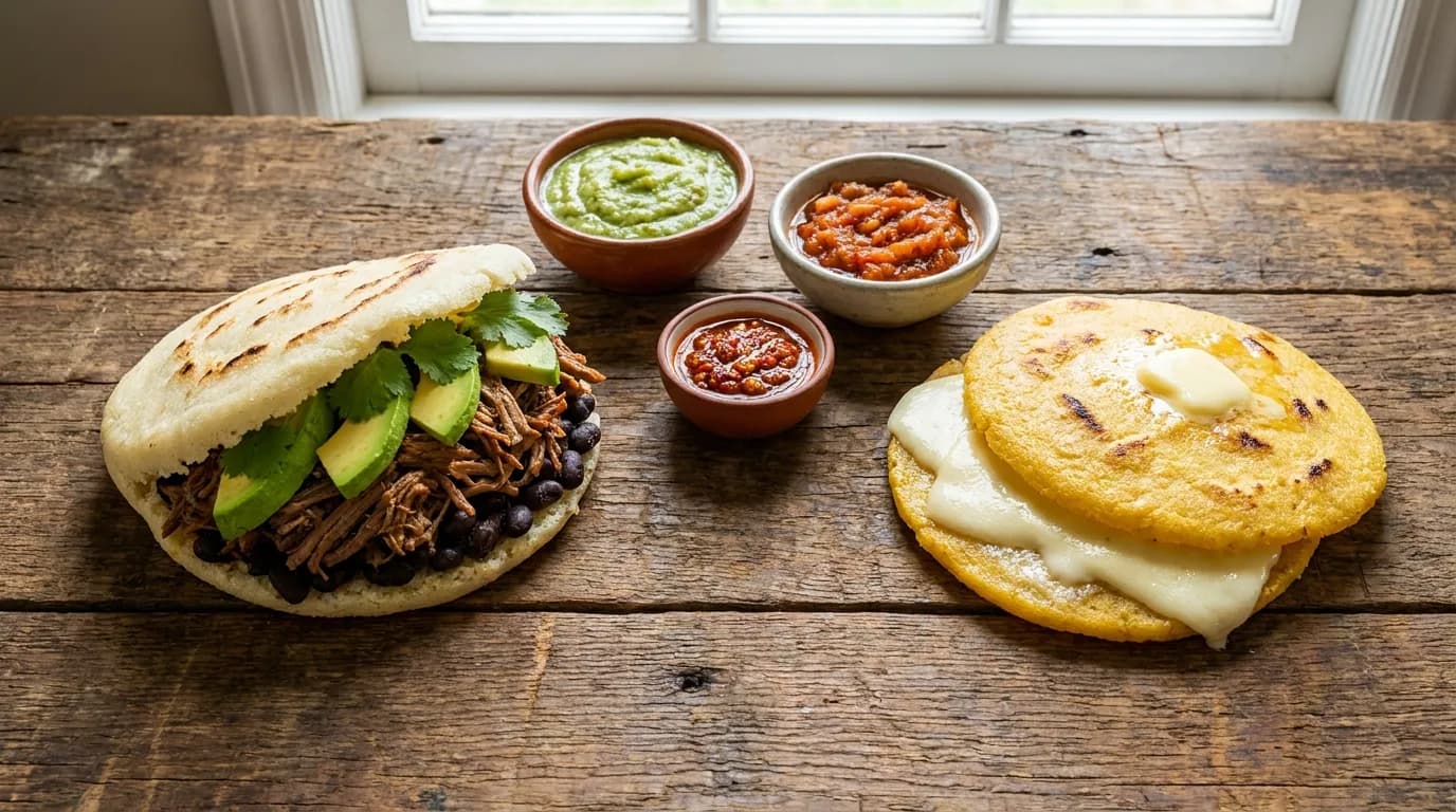 Side by side comparison of a stuffed Venezuelan arepa and a cheese-topped Colombian arepa on a wooden table
