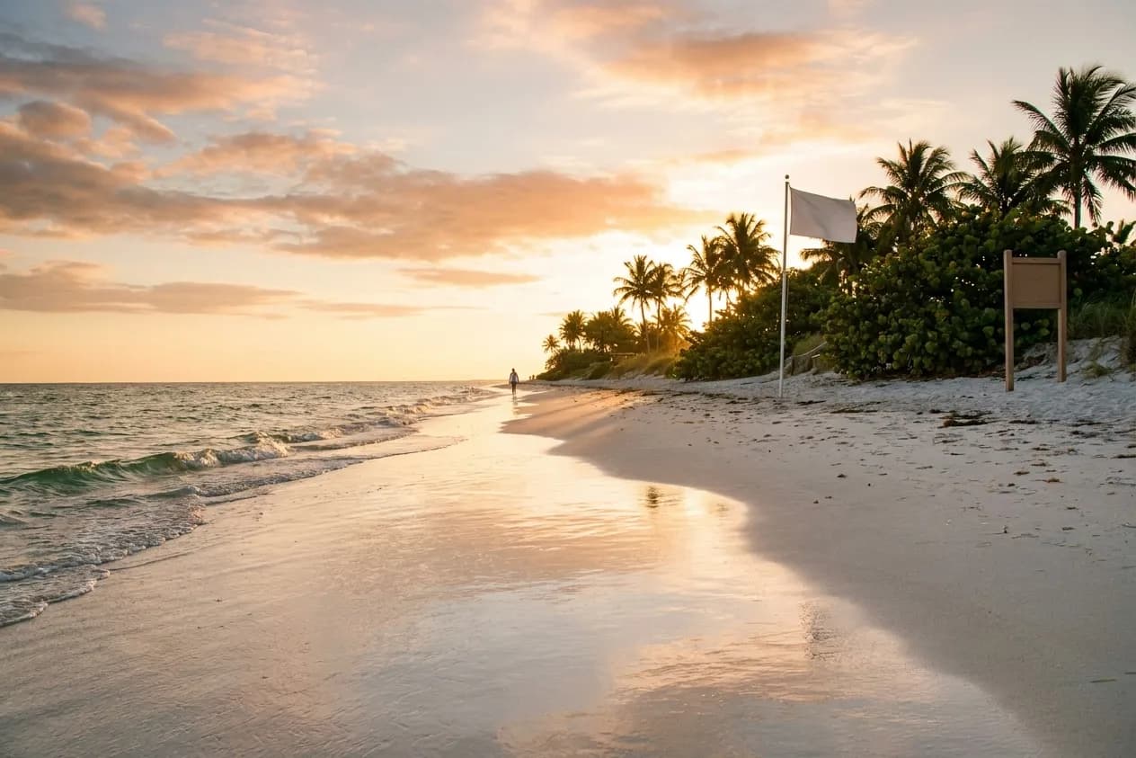 An almost empty South Florida beach just after sunrise, wet sand reflecting the sky and palms along the dune