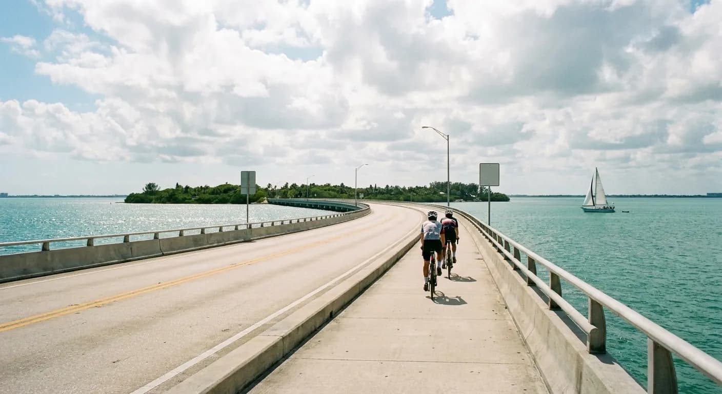 A Miami causeway at mid-morning with a separated bike path in the foreground and turquoise bay water on both sides