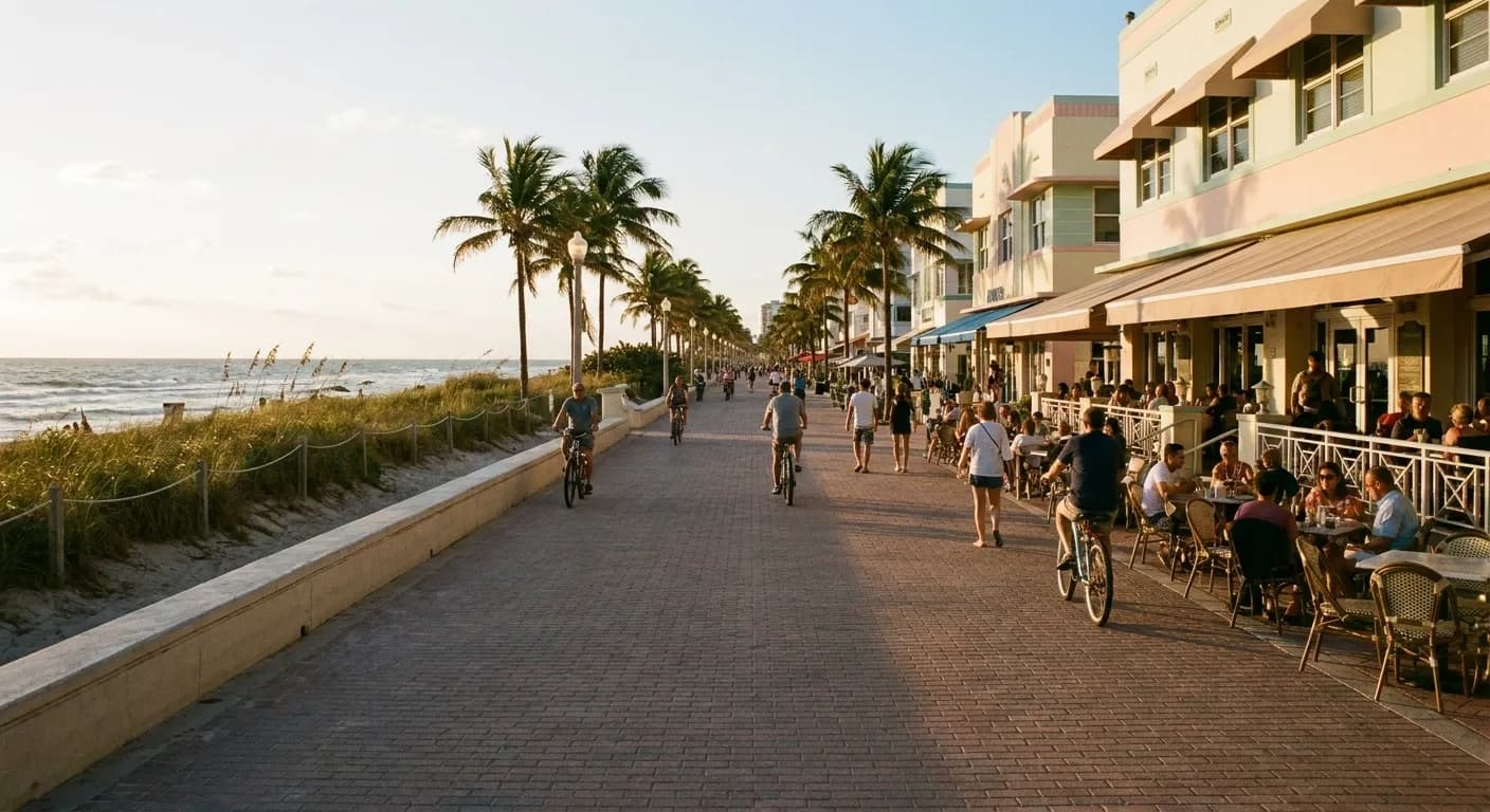 A brick-paved beachfront promenade in South Florida in the early evening, pastel two-storey buildings with awnings on one side and open sand past a low wall on the other, walkers and cyclists spread down the walkway