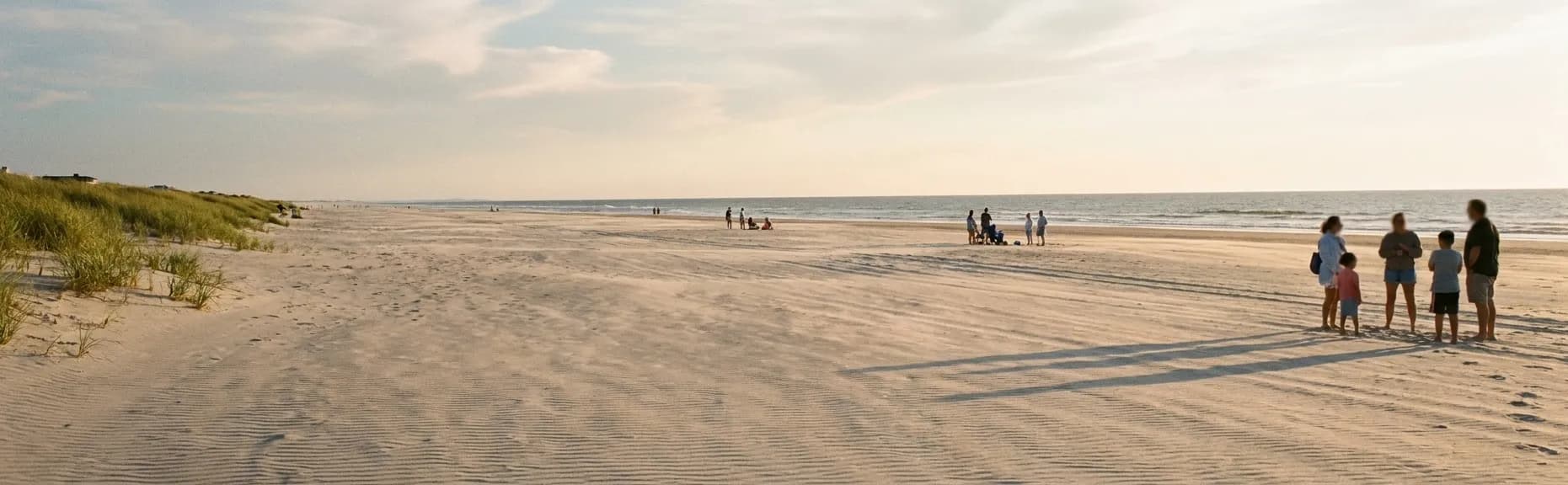 A wide Rockaway ocean beach late on a summer afternoon, pale rippled sand and dune grass with widely spaced groups of people near the flat Atlantic horizon
