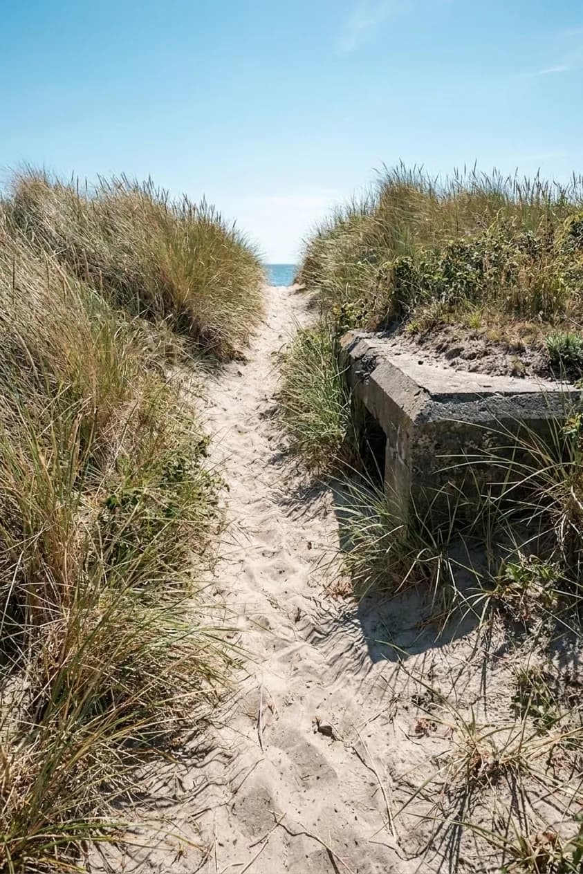 A sandy path rising through tall dune grass towards a gap of bright sea and sky, a low overgrown concrete structure half buried on the right