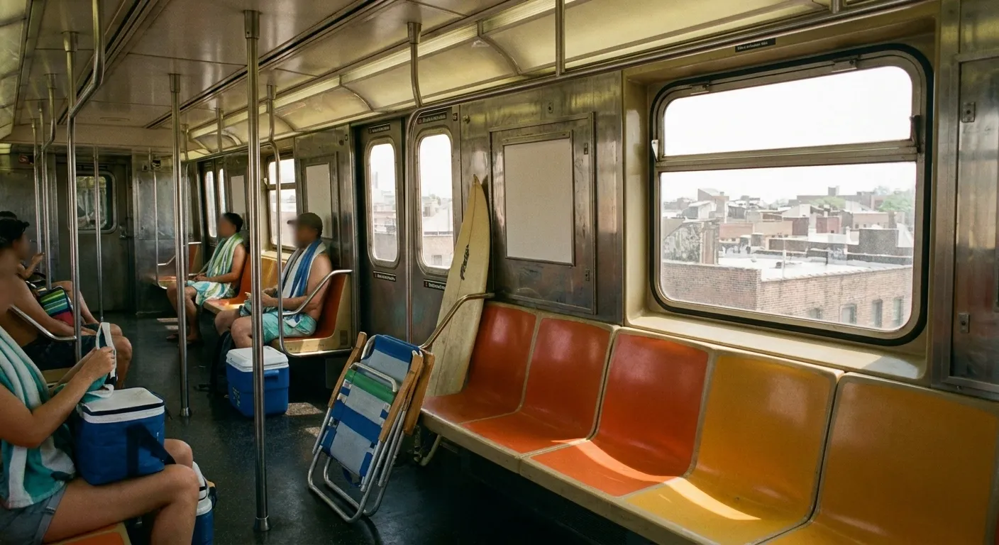 A New York subway carriage on a Saturday morning with beach towels, a cool box and a surfboard by the door