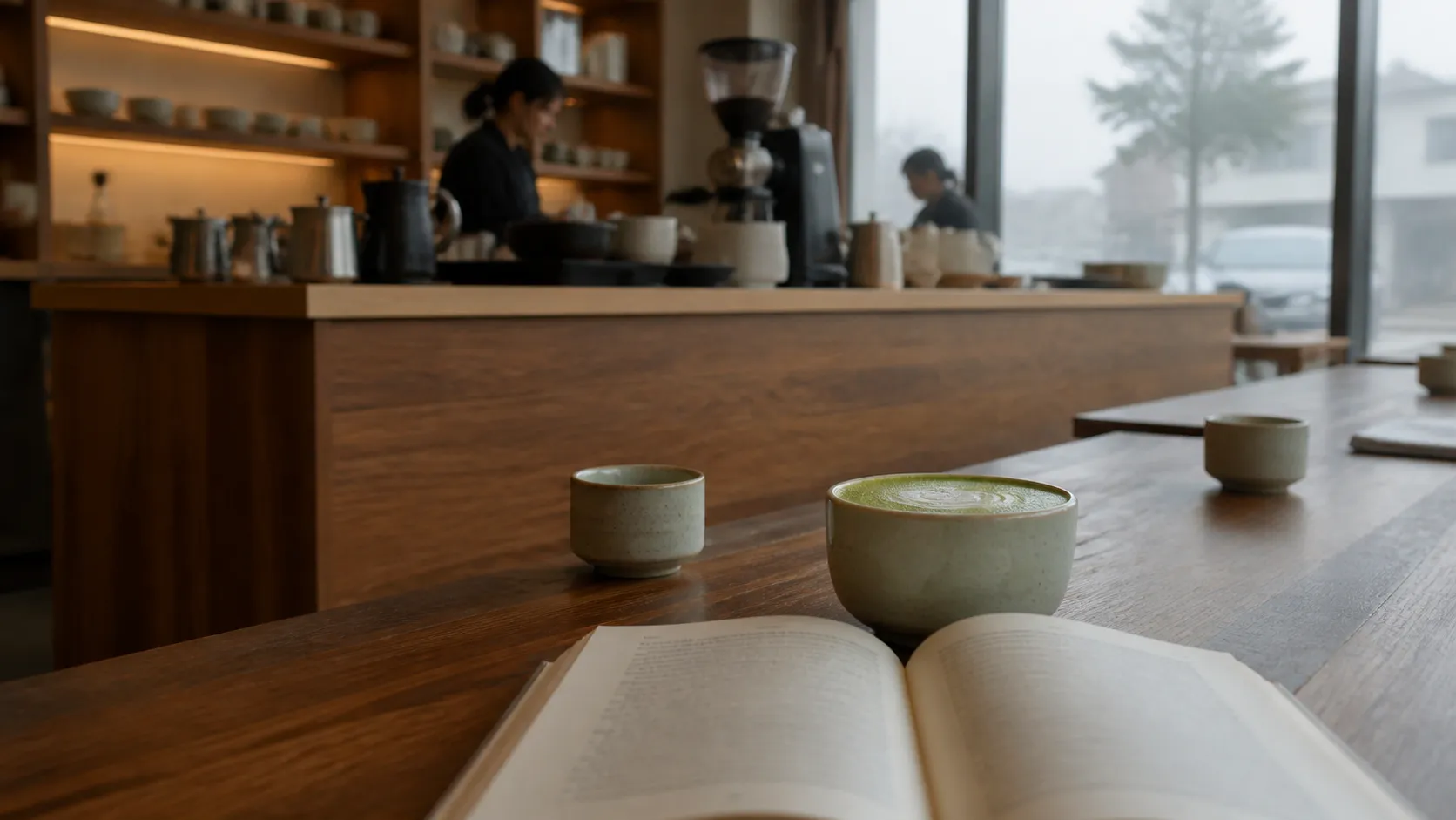 Interior of a Japantown café with communal table, open book, and matcha service counter in soft morning light