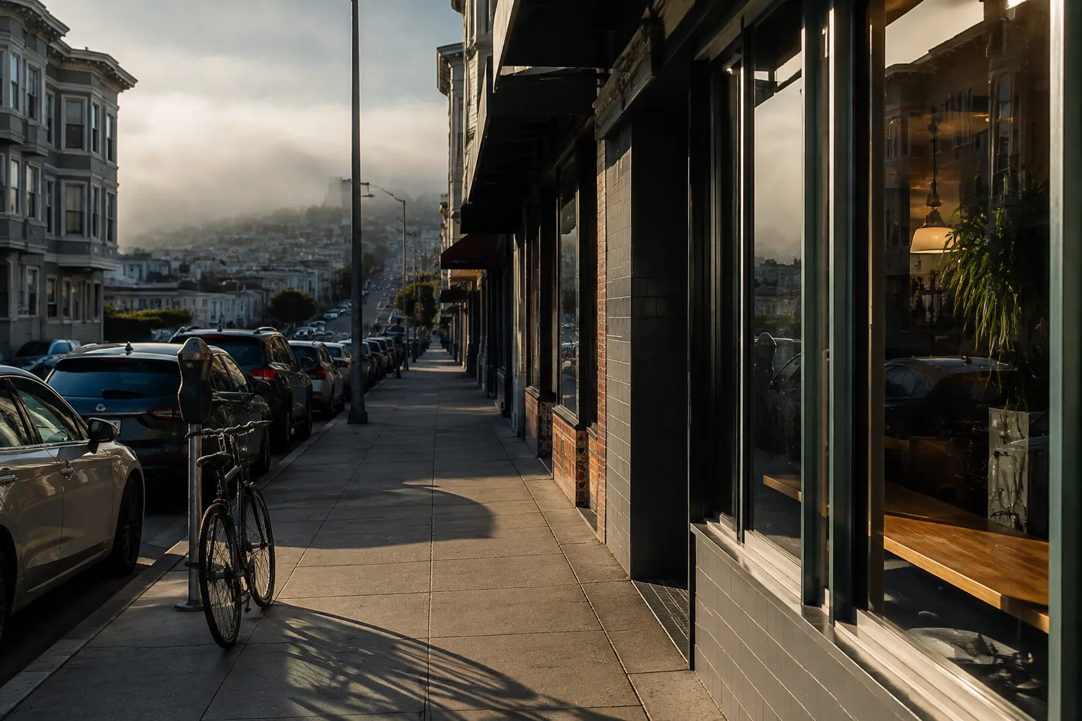 Clement Street in San Francisco's Inner Richmond with café storefronts and late afternoon fog rolling in