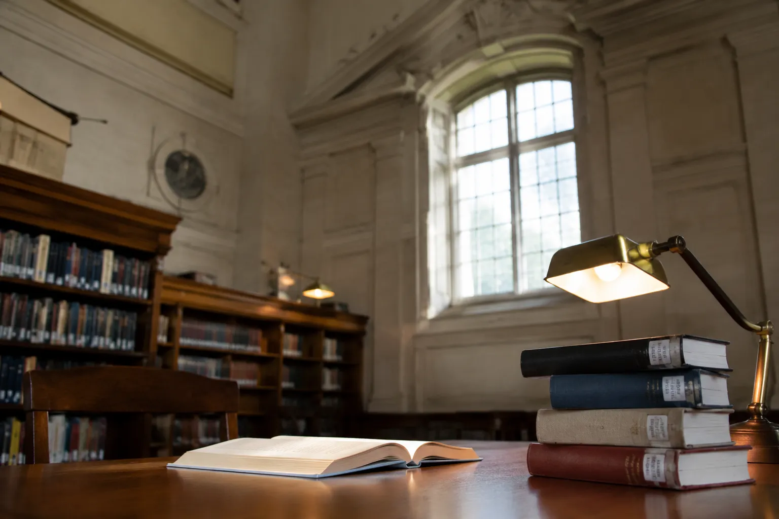 Reading table at San Francisco Public Library with stacked books and natural window light