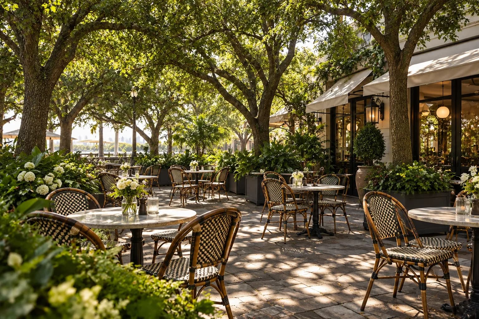 A shaded pavement terrace with rattan chairs under a canopy of trees