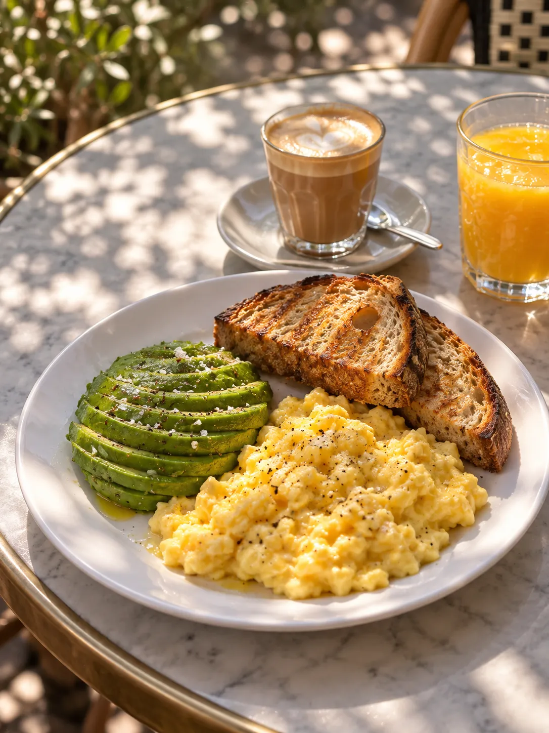 A plate of eggs, avocado and toast beside a cortado on a small café table