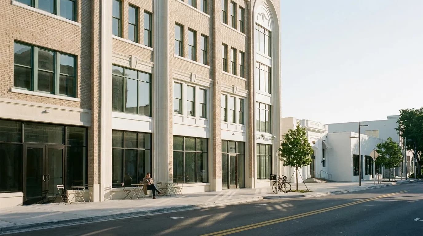 A restored 1920s buff-brick building with a tall arched central bay in early morning side light, small pavement cafe tables set out along its ground-floor glazing