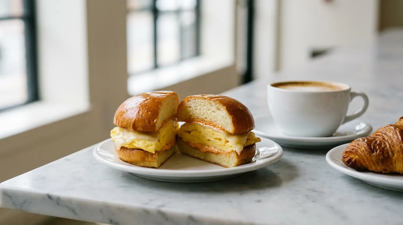 A halved egg and cheese sandwich on a glossy brioche bun with melted cheese and a swipe of tomato aioli, plated on white ceramic on a pale marble counter beside a flat white and a croissant in cool morning light