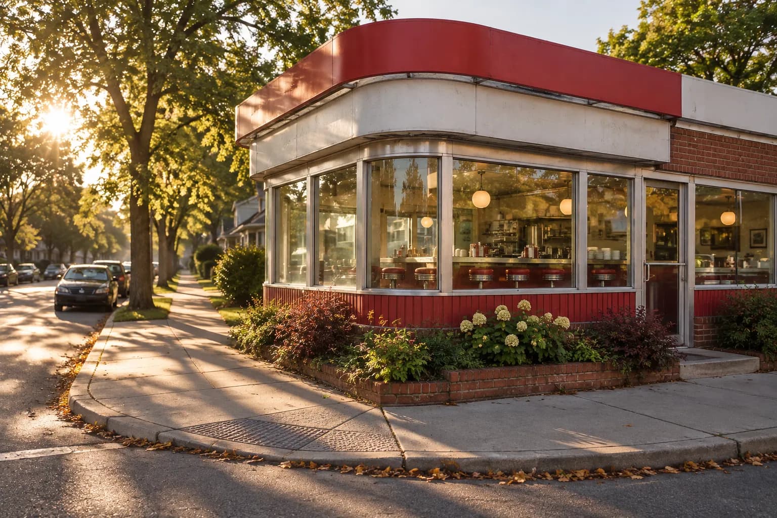 A small corner diner with large windows and a counter, seen from the pavement in morning light