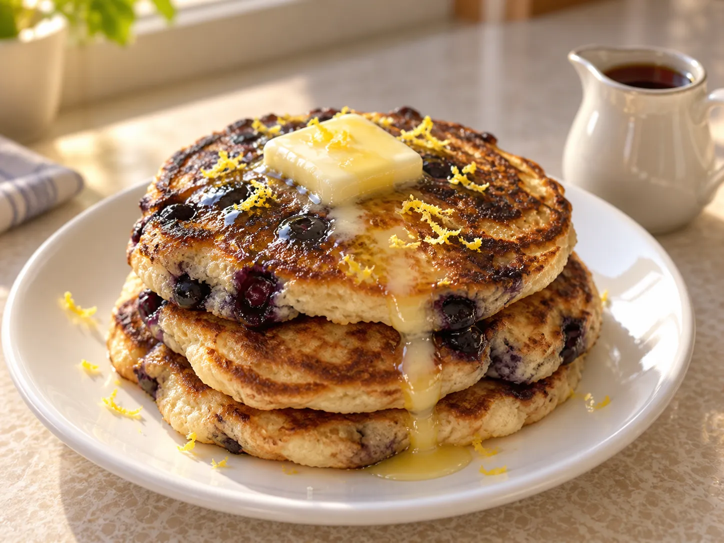 A tall stack of pancakes with a melting square of butter and a lemon wedge