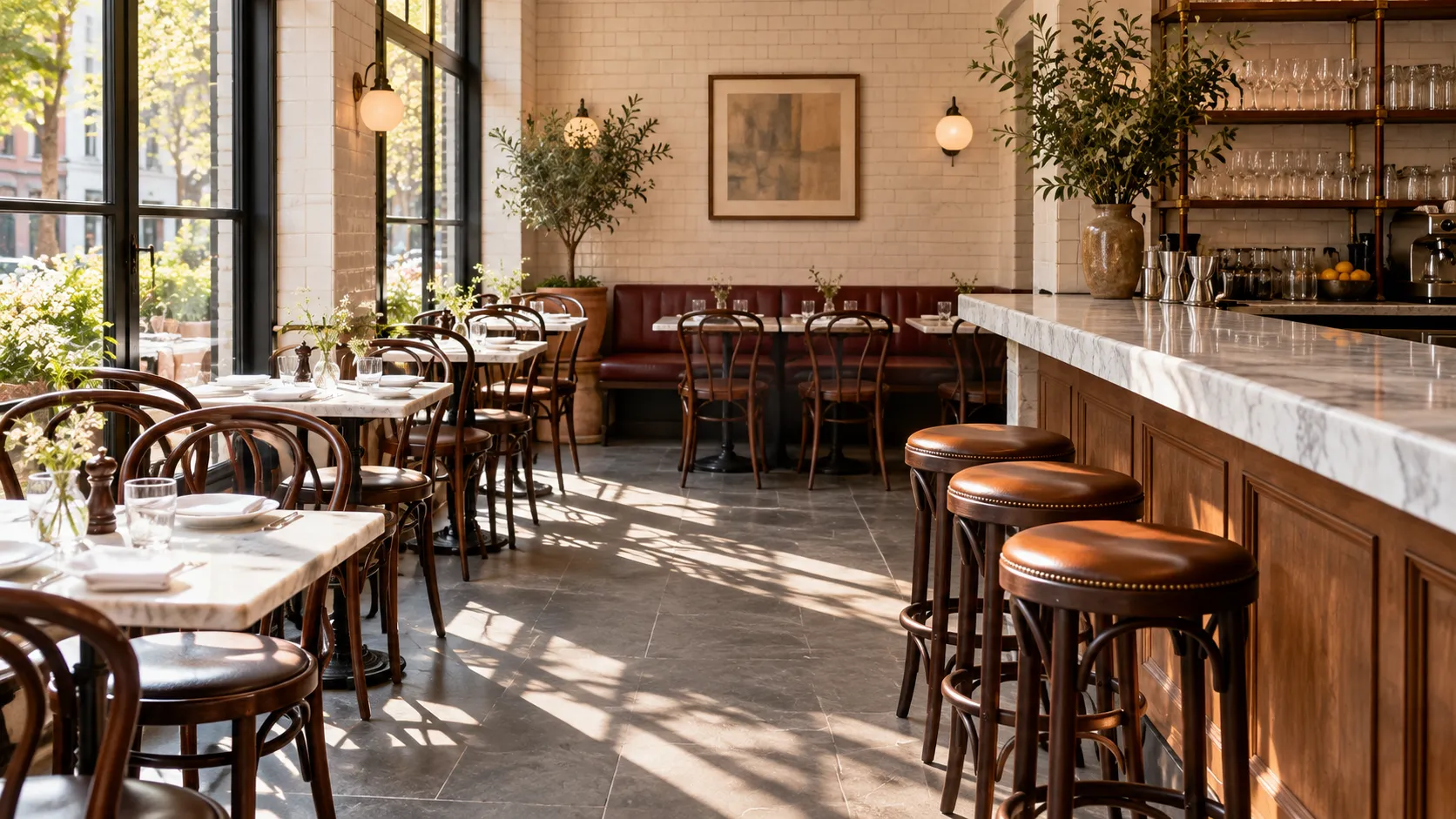 A small bright café with white tiles, bentwood chairs and a marble counter