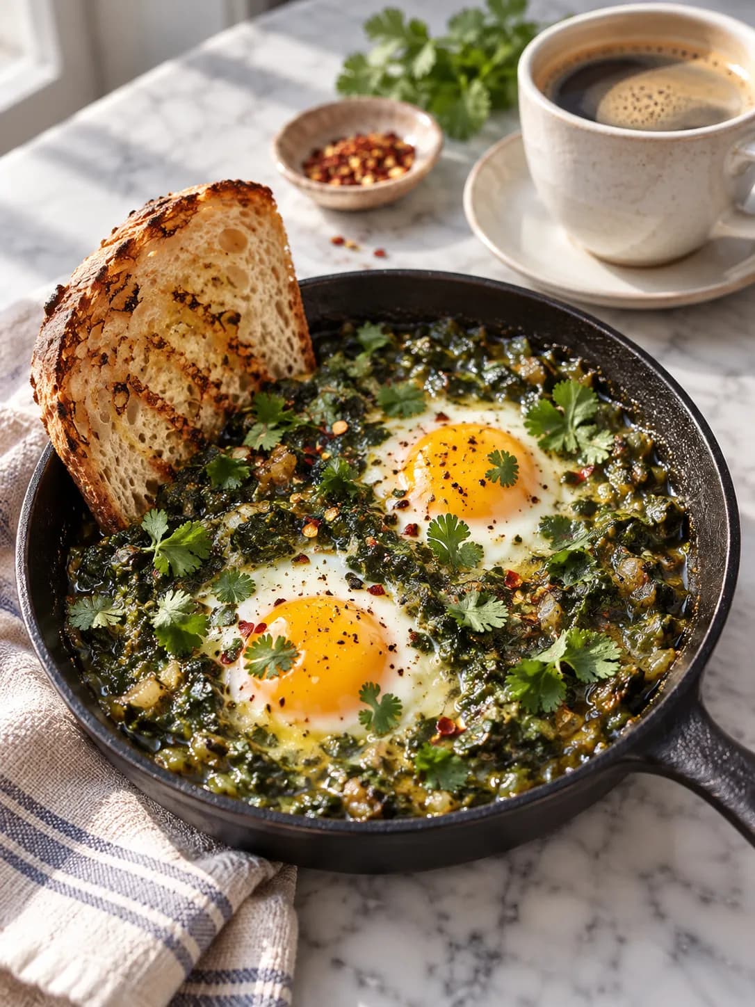 A green shakshuka in a small pan with a poached egg and bread on the side