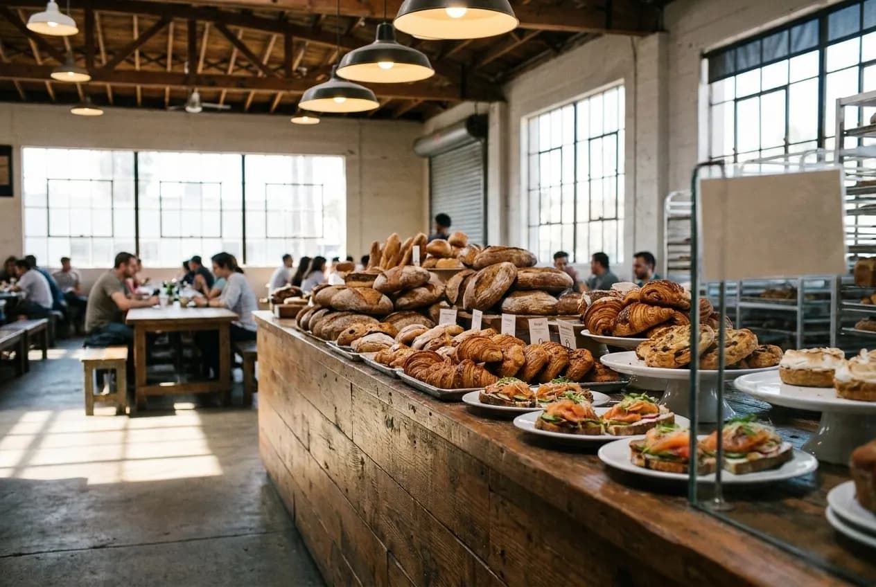 Bakery counter with pastries and bread loaves under warm morning light in a warehouse-style cafe.