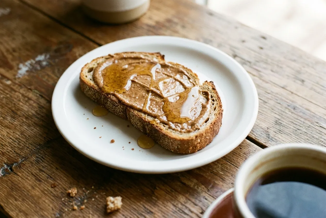 Overhead view of almond butter toast on sprouted rye with honey on a white plate.