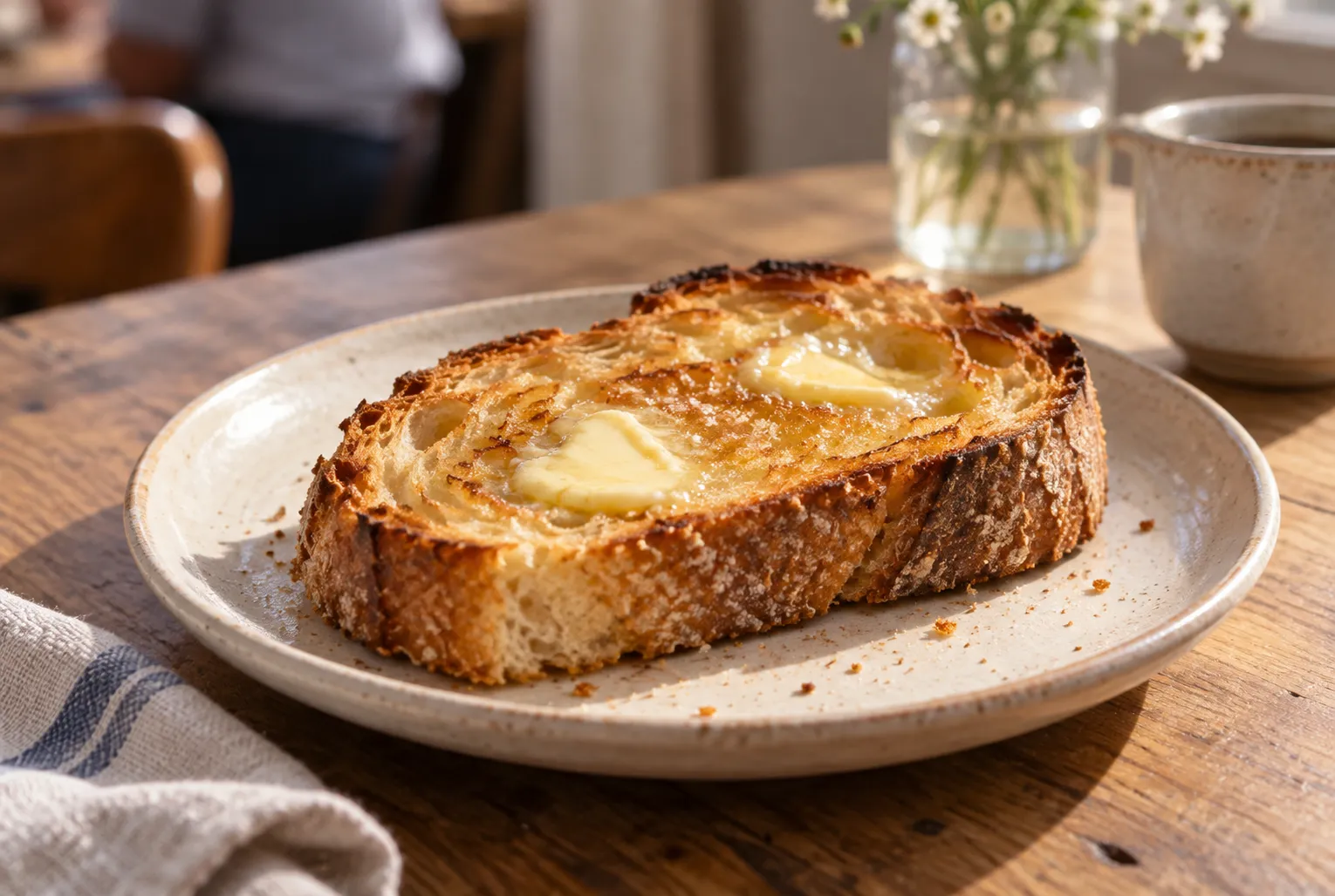 A thick slice of toasted sourdough with butter on a plain ceramic plate