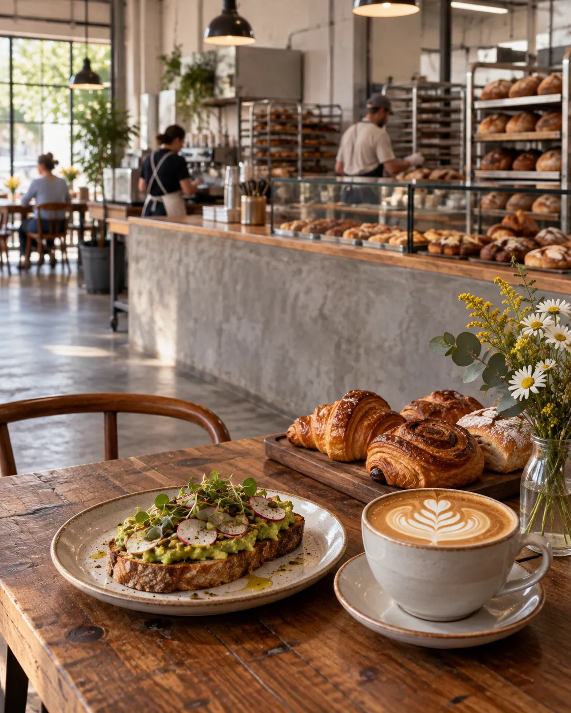 A light industrial bakery cafe with concrete floors, a counter and bread racks visible behind