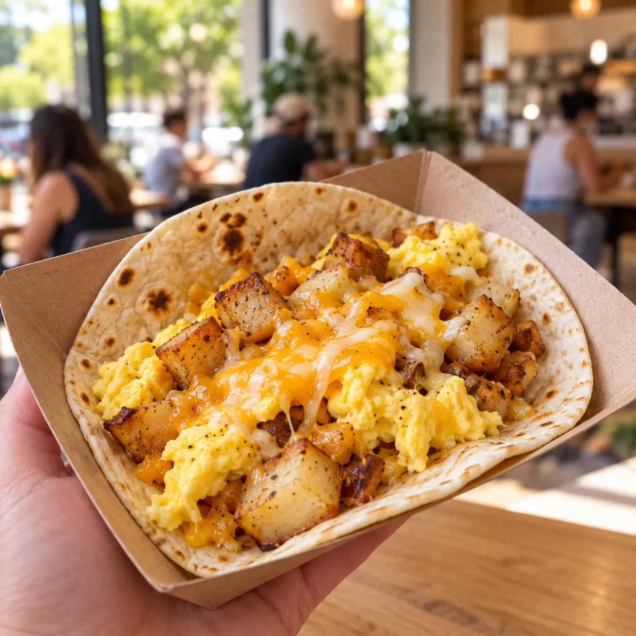 A breakfast taco on a flour tortilla with egg, cheese and potato, held open on a paper tray