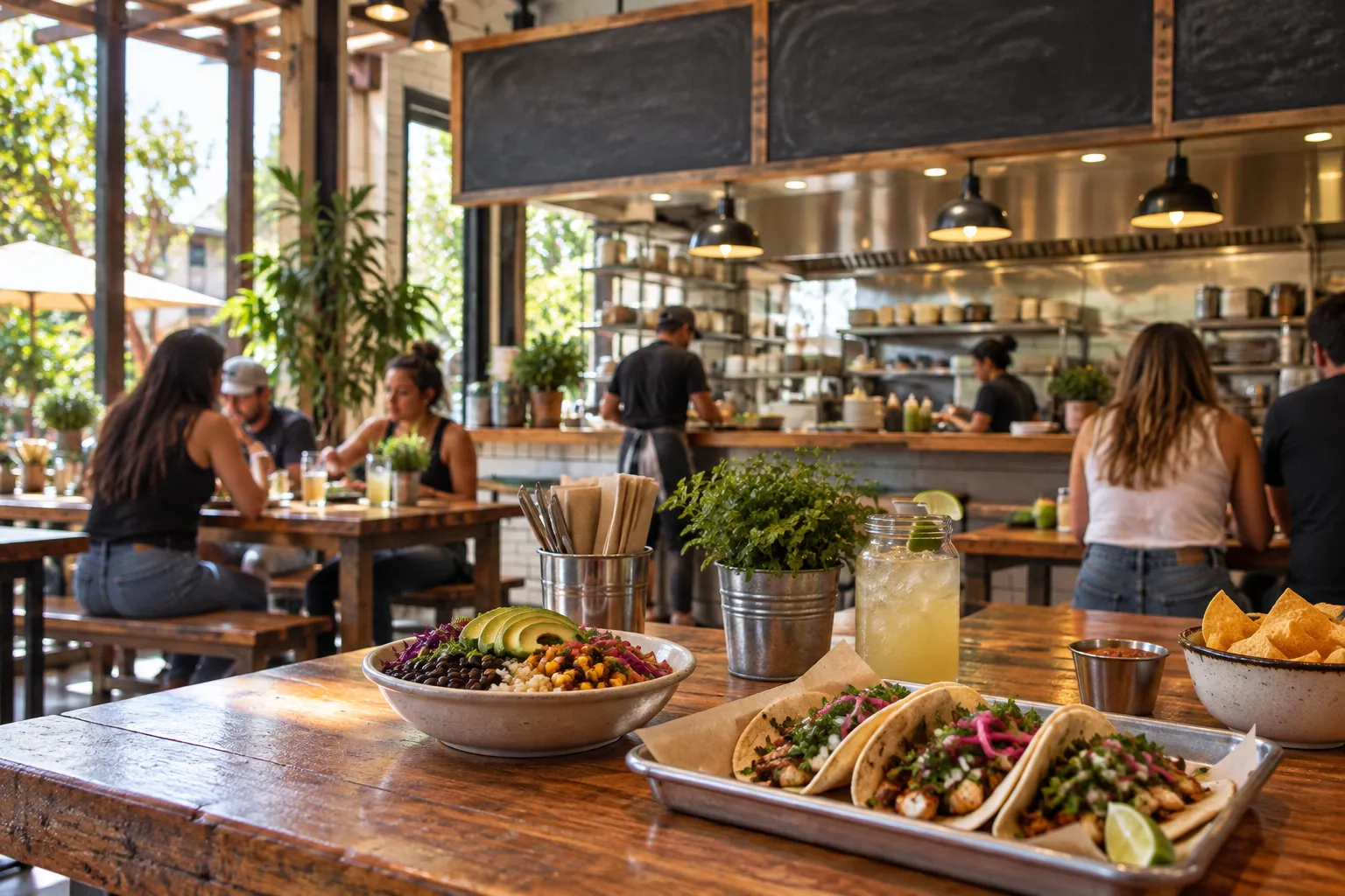 A casual counter-service restaurant with a chalkboard menu, communal tables and an open kitchen