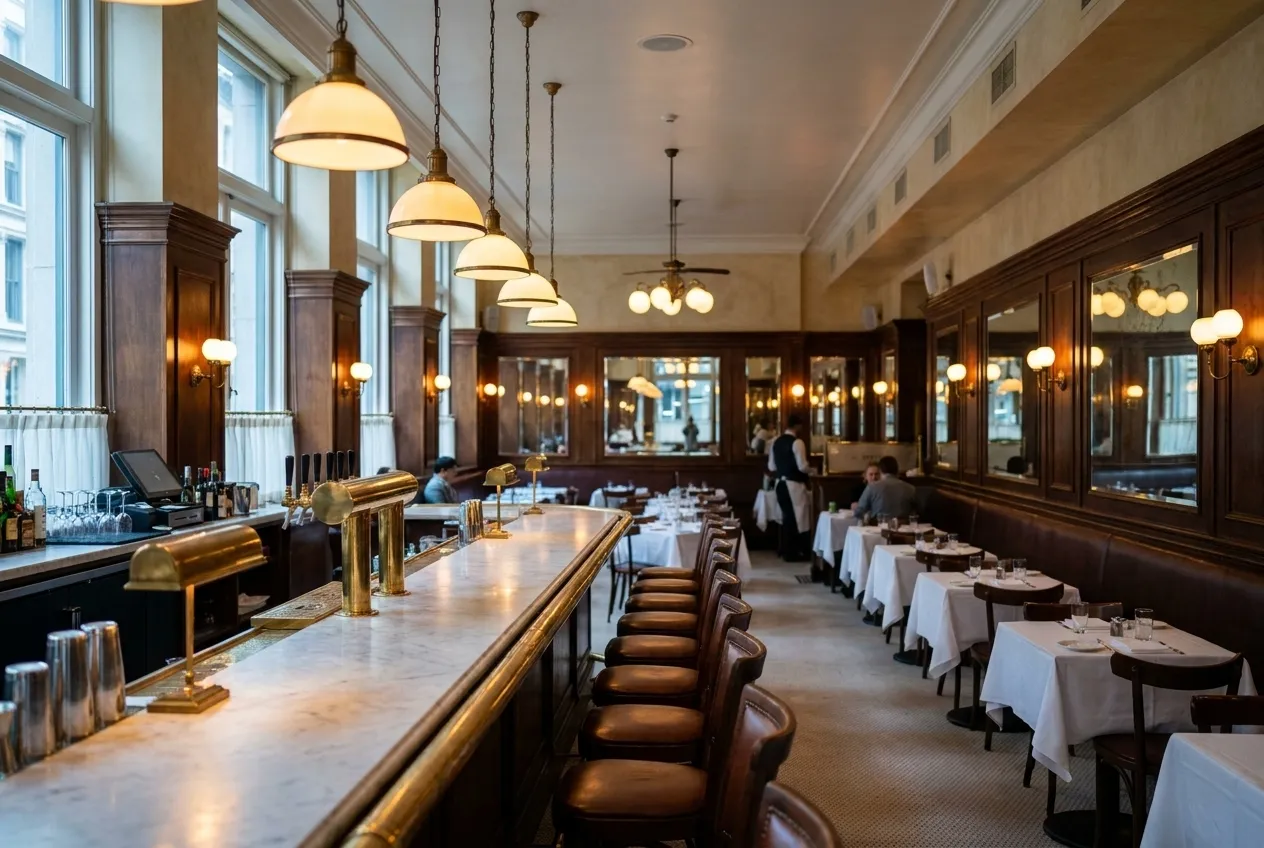 Interior of a French brasserie dining room in SoHo with bar seating and morning light through tall windows