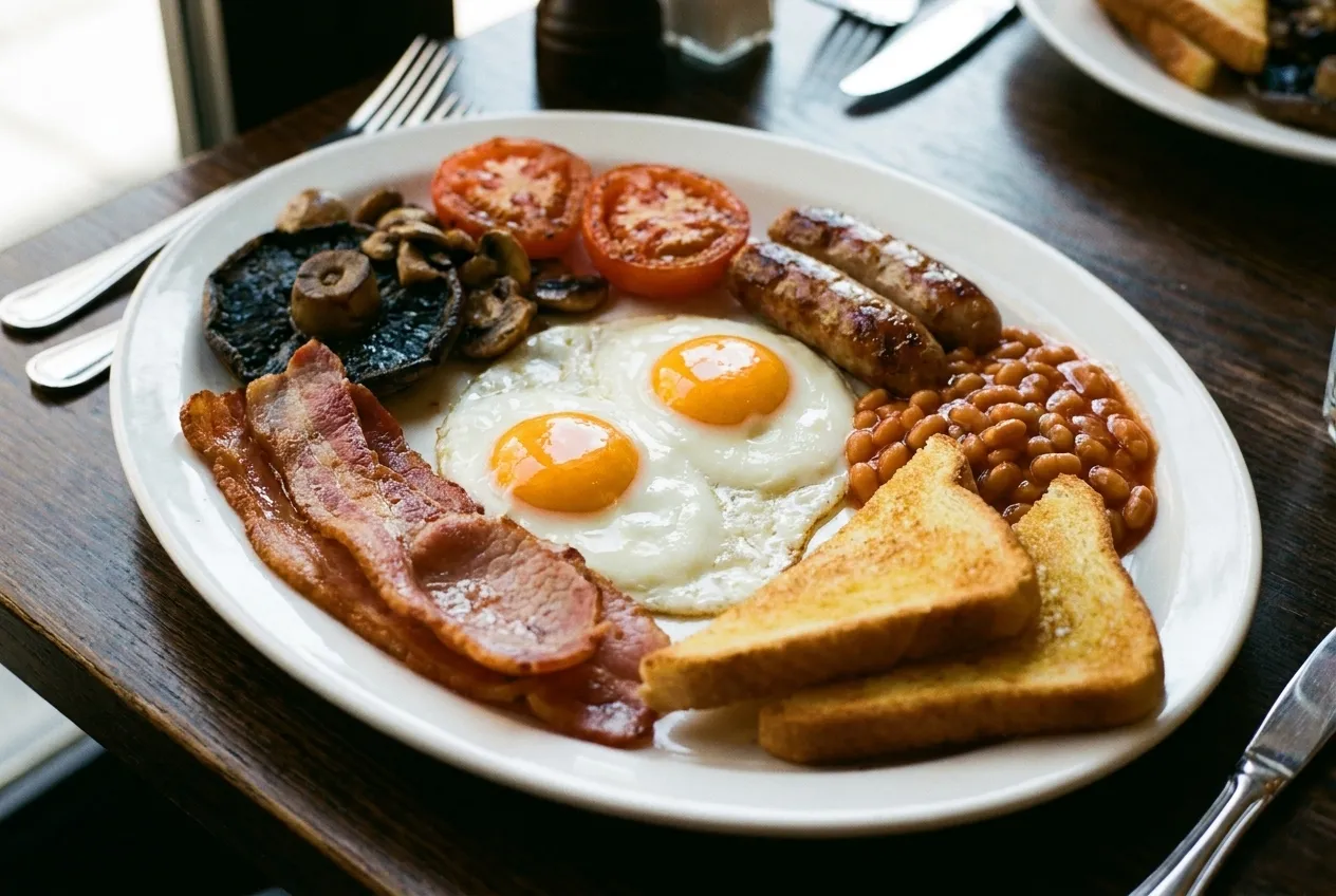 Overhead view of a Full English Breakfast with eggs, bacon, sausage, beans, mushrooms, tomatoes and fried bread on a white plate
