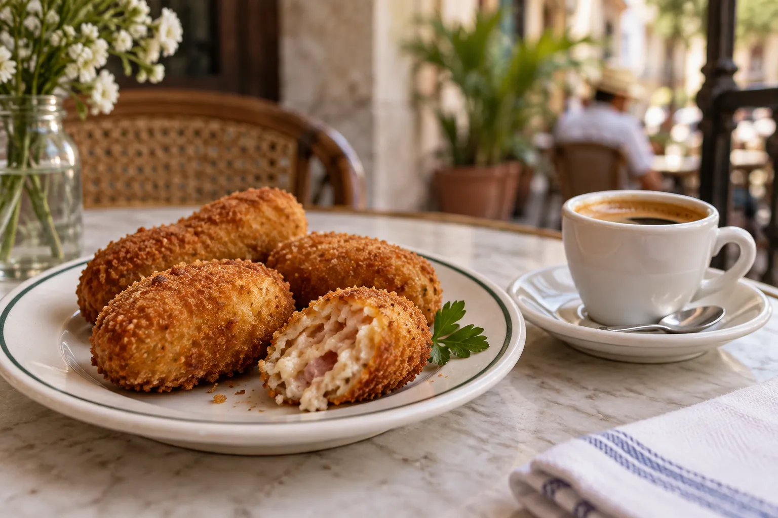 A plate of golden ham croquetas beside a small cup of Cuban coffee