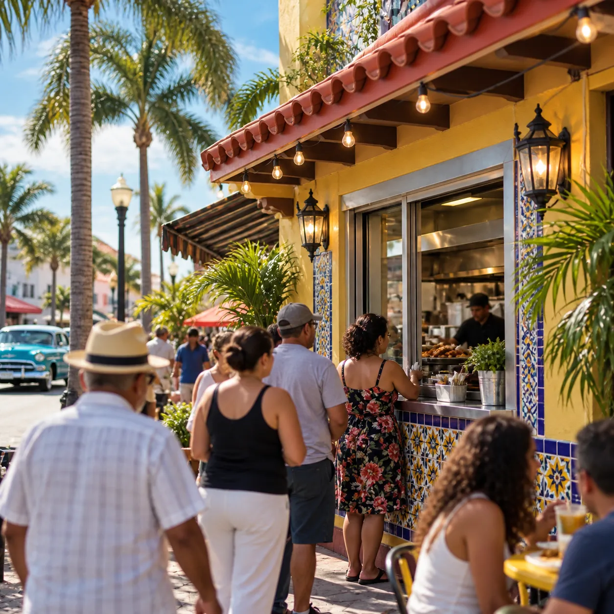 A large Cuban restaurant exterior on Calle Ocho with a walk-up service window and people gathered
