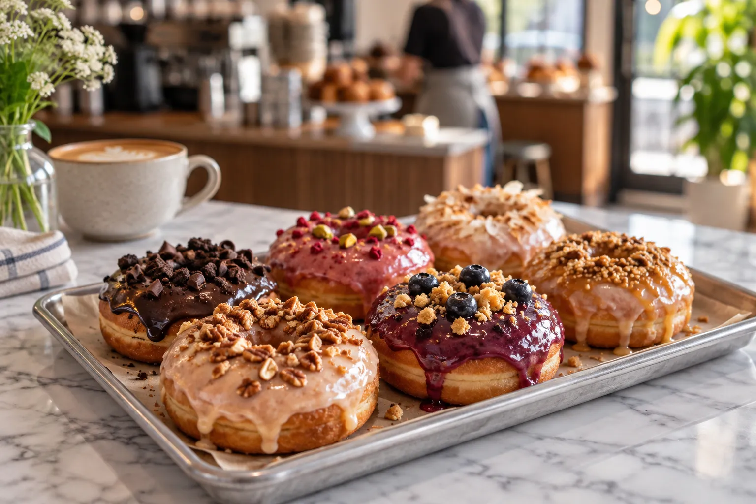 A tray of glazed artisanal doughnuts with varied toppings on a marble counter