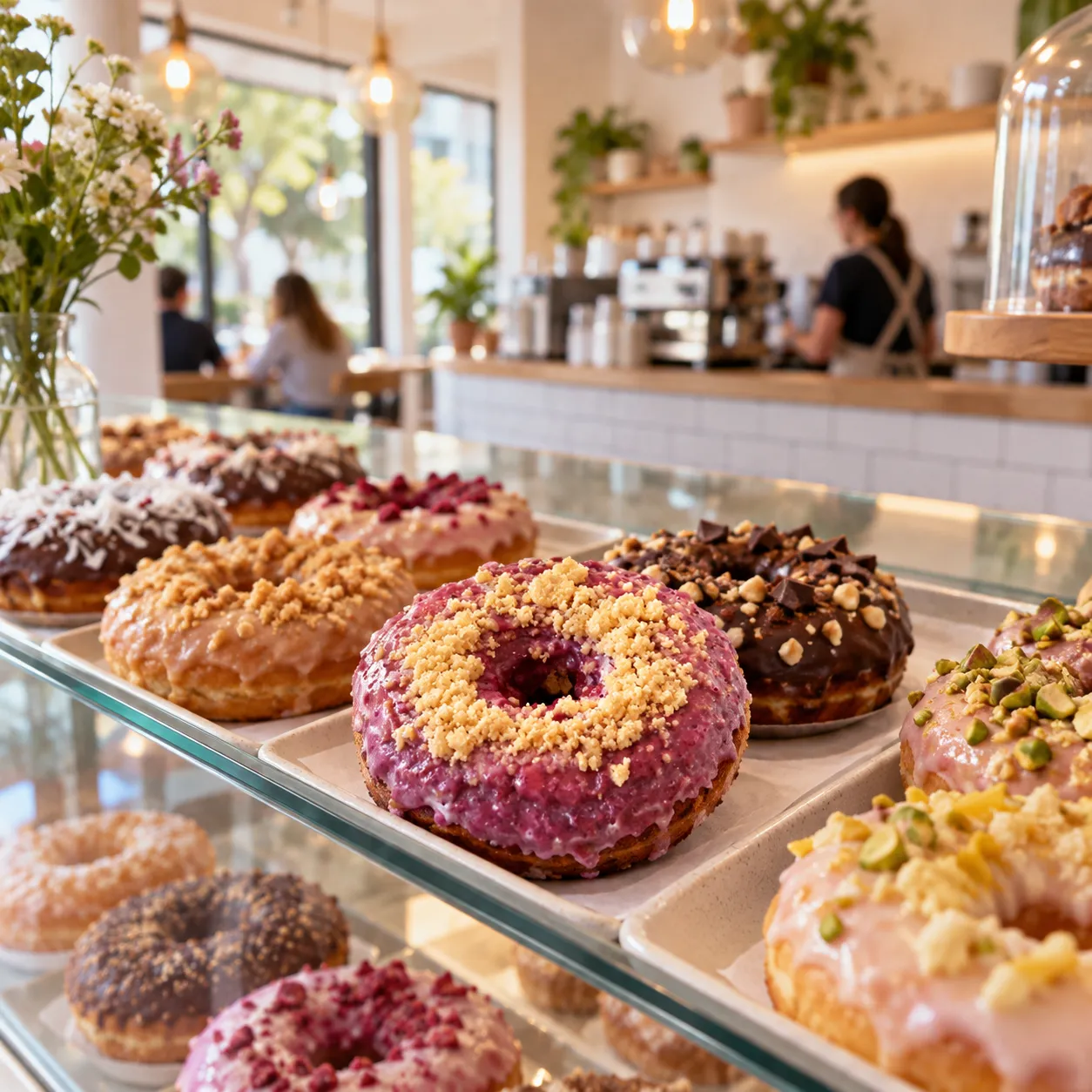 A bright modern doughnut shop interior with a display case, tiled counter and hanging lights