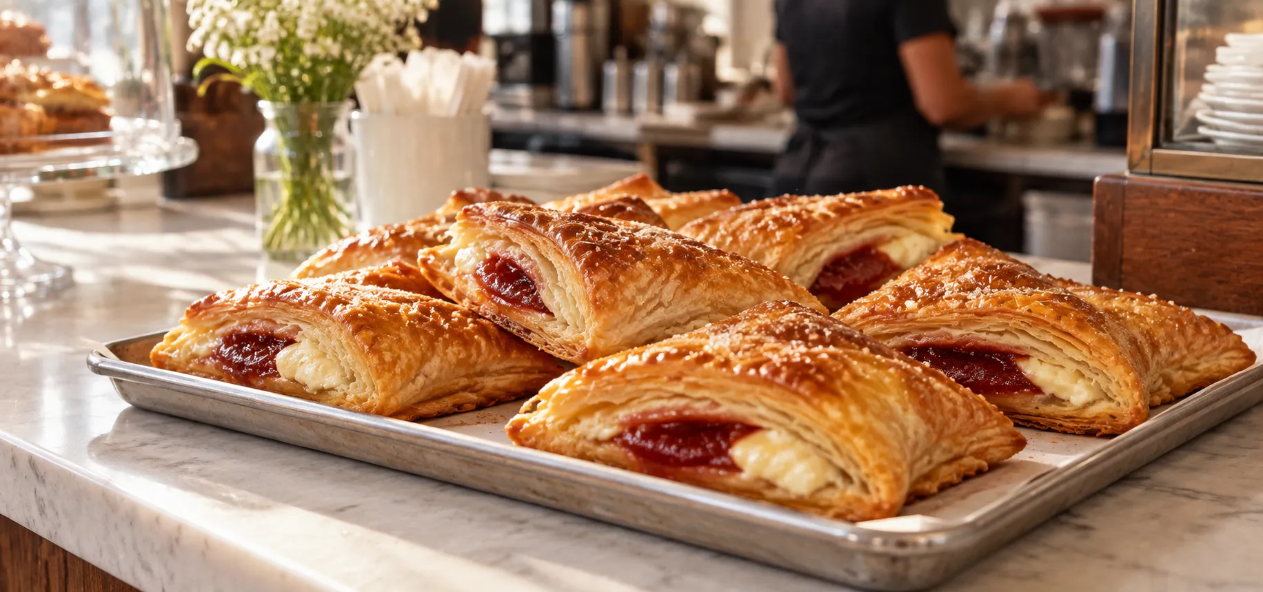 A tray of guava and cheese pastelitos with flaky glazed pastry on a counter