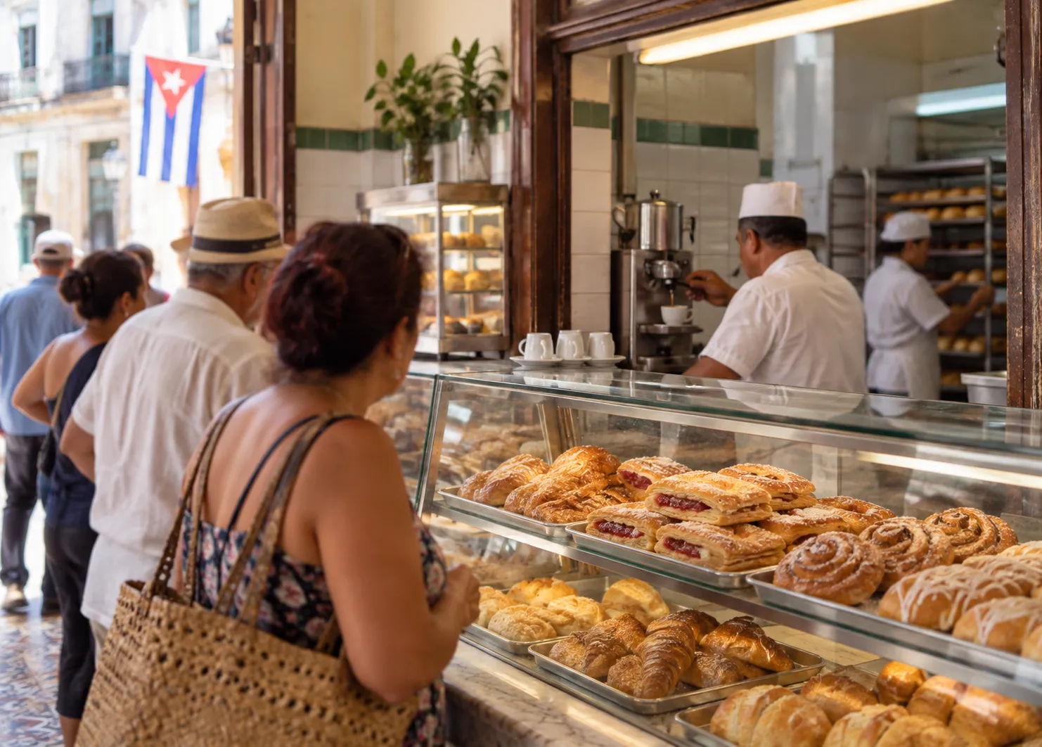 A busy Cuban bakery counter with glass cases of pastries and a coffee window