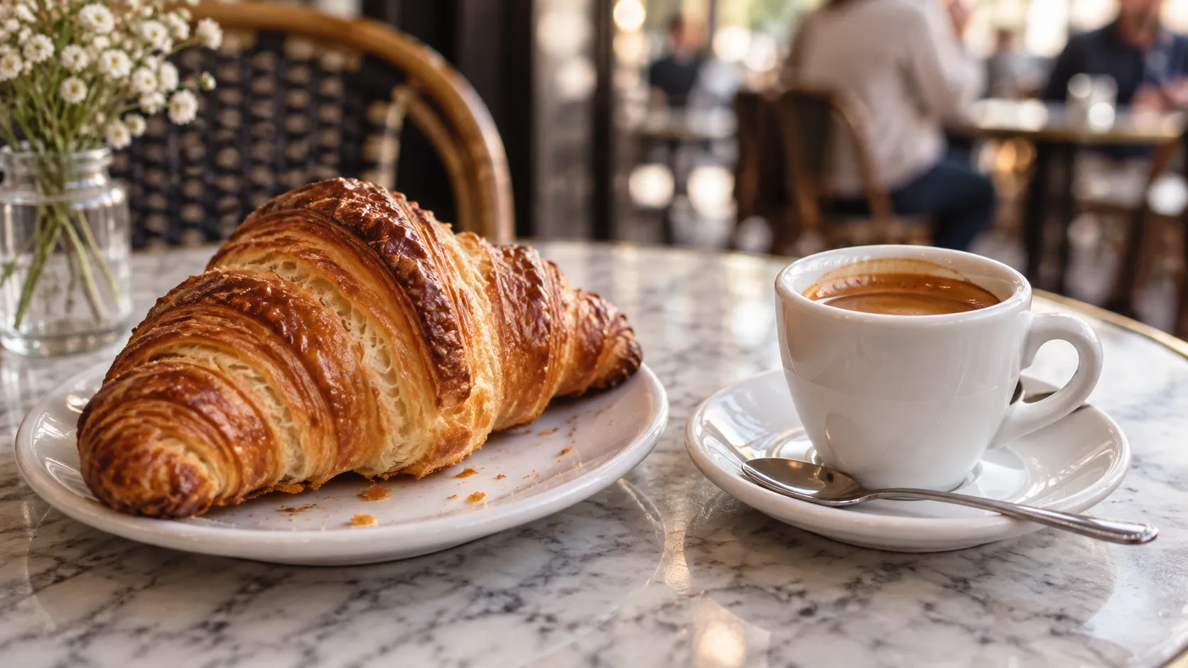 A croissant and an espresso in a small cup on a marble café table