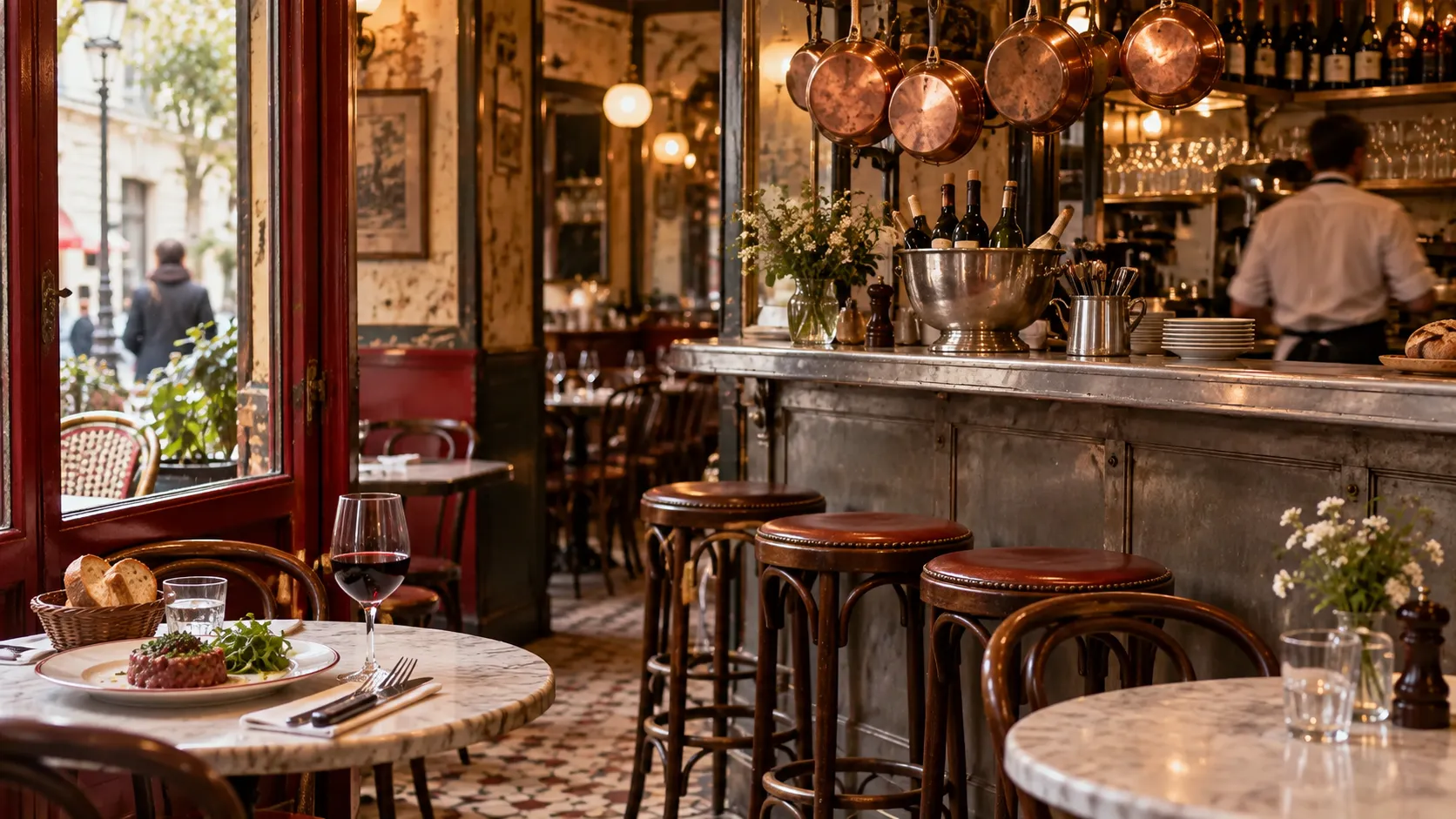 A cramped charming French café interior with a zinc bar, hanging copper pots and small marble tables