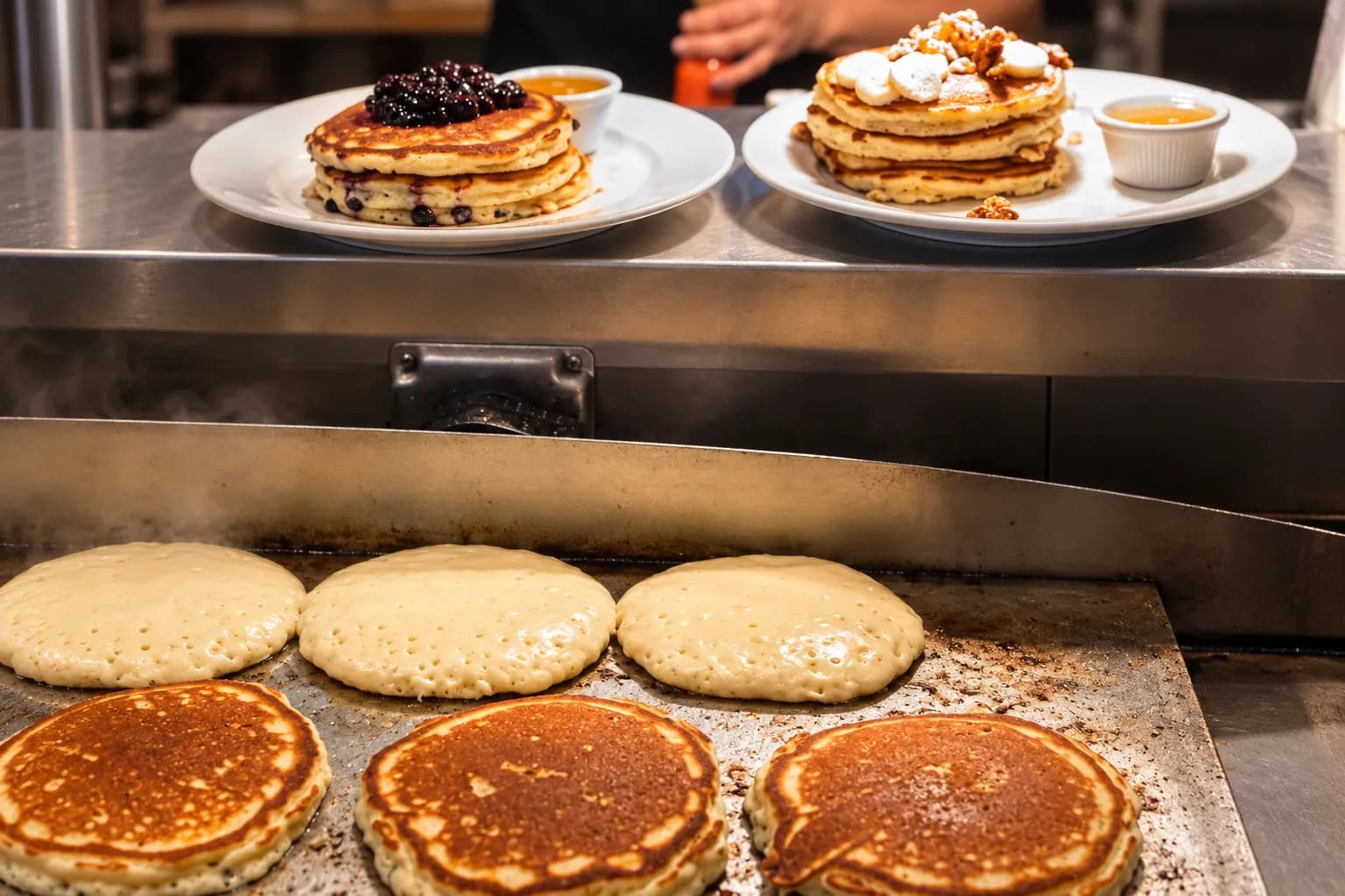 Pancake batter cooking on a flat-top griddle with two plated pancake stacks and a ramekin of warm maple butter on the pass above