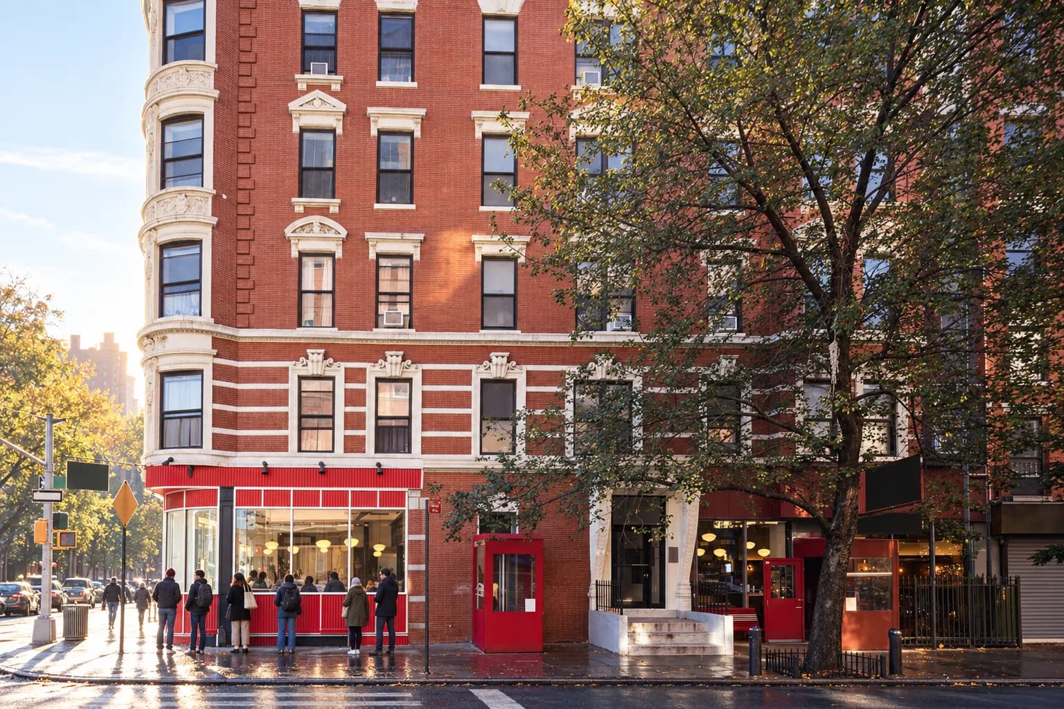 Early morning light on the red corner shopfront of a Lower East Side restaurant with a short queue waiting on the sidewalk