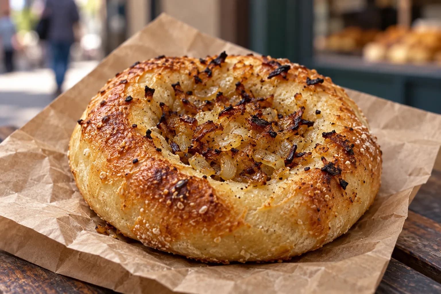 A bialy with a depressed centre full of browned onion on a paper bag