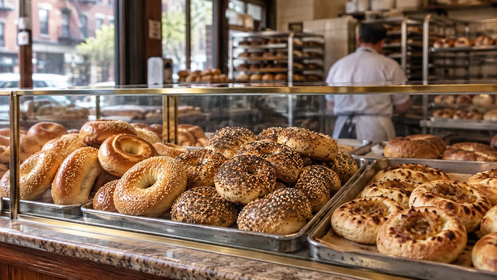 An old Lower East Side bakery counter with trays of bagels and bialys behind glass