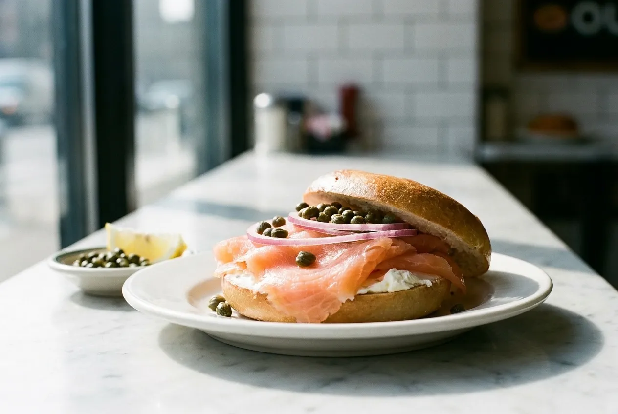 A split bagel topped with hand-sliced smoked salmon, cream cheese, red onion, and capers on a white plate.