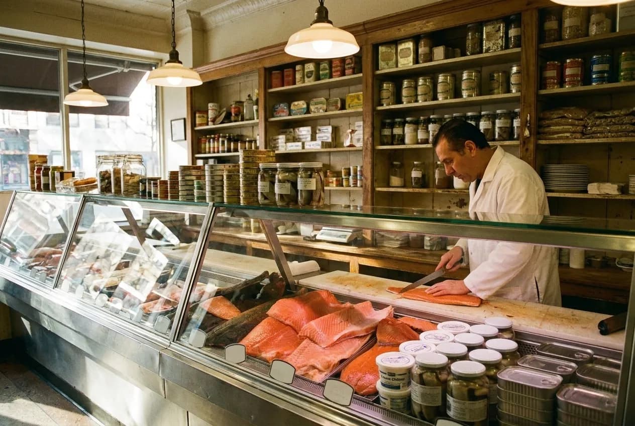 A traditional appetizing counter with glass display cases of smoked fish and a worker in a white coat preparing an order.