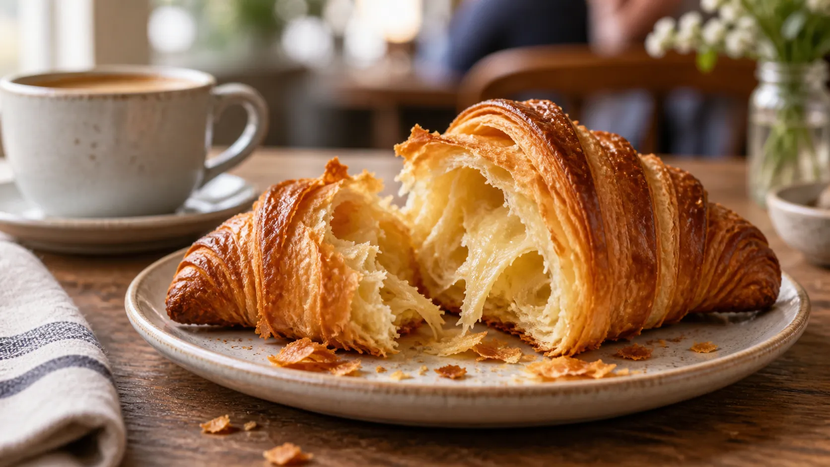 A croissant with visible flaking layers broken open on a small plate
